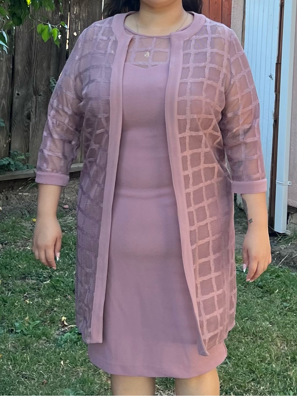 Dusty Rose Two-Piece Dress & Sheer Jacket Set - Picture 5 of 6